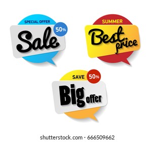 Set Label Sale. Special Offer Sale 50 Percent, Best Price Summer, Save Big Offer. Blue Red And Yellow Circle Banner. Speech Bubble With Text Sale On White Background. 