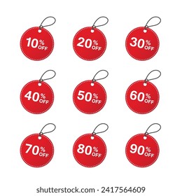 Set of label sales and discounts. Price off tag icons flat design collection set. 10, 20, 30, 40, 50, 60, 70, 80, 90 percent sales. Vector illustration.