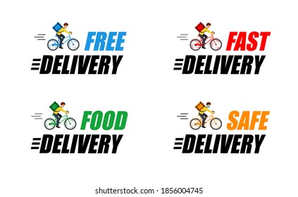Fijar etiqueta con las palabras Entrega rápida, Entrega gratuita, Entrega segura y entrega de comida. Carteles de texto coloridos con un hombre en bicicleta. Signo de promo vectorial de estilo moderno aislado en blanco.