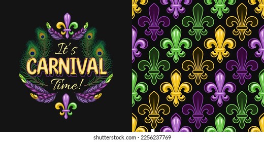 Set of label, seamless geometric pattern for Mardi gras carnival decoration. Fleur de lis, feathers, text on dark background. For prints, clothing, t shirt, holiday goods, stuff.