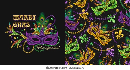 Set of label, seamless pattern for Mardi gras carnival decoration. Fleur de lis, feathers, masquerade mask, beads, ribbons on dark background. For prints, clothing, t shirt, holiday goods, stuff.