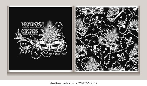 Set of label, seamless pattern for Mardi gras carnival decoration. Fleur de lis, feathers, masquerade mask, beads, ribbons on black background. For prints, clothing, t shirt, holiday goods, stuff.