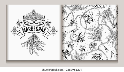 Set of label, seamless pattern for Mardi gras carnival decoration. Fleur de lis, feathers, beads on white background. For prints, clothing, t shirt, holiday goods, stuff. Vintage style