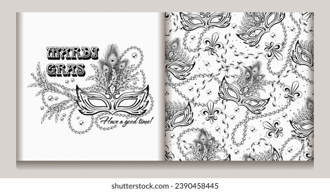 Set of label, seamless pattern for Mardi Gras carnival decoration. Fleur de Lis, feathers, masquerade mask, beads, ribbons on white background. For prints, clothing, t shirt, holiday goods, stuff.