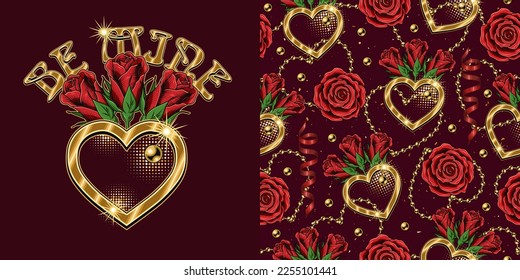 Set of label, seamless pattern for wedding, engagement event, Valentines Day, gift decoration. Roses, golden heart, ribbons, beads on dark red background. Vintage style