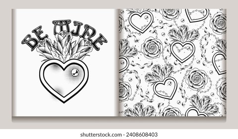 Set of label, seamless pattern for wedding, engagement event, Valentines Day, gift decoration. Roses, heart shaped frame, ribbons, beads on white background. Vintage style