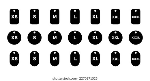 Set of label with size letter. Clothing label vector icon. Xs, s, m, l, xl, xxl, xxxl.