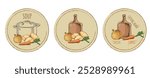 Set label for soups. Wooden cutting board with a vegetables. Onion, potato and carrot on kitchen table. All for soup. Vegetarian dishes. Vector isolated picture with black outline.