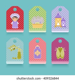 Set the label in the style of Provence. Cartoon girl in national dress of Provence, lavender, cicada, olives. It can be used in packaging design.