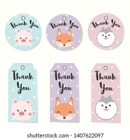 Set of Label Tags with animals  character design. Thank you tags for wedding, birthday, baby shower, label, printable tags or party invitations. Cute Tags on Pastel heart pattern background.