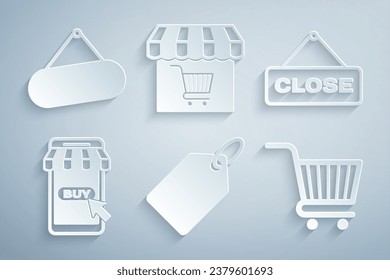 Set Label template price tag, Hanging sign with Close, Mobile and shopping cart, Shopping, Market store and Signboard hanging icon. Vector