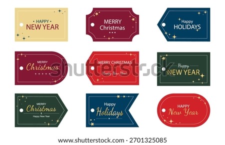 Set of label templates with greeting text. Tags with gold glitter, sparkles and stars. Happy New Year, Happy Christmas, Happy Holidays labels, vector elements