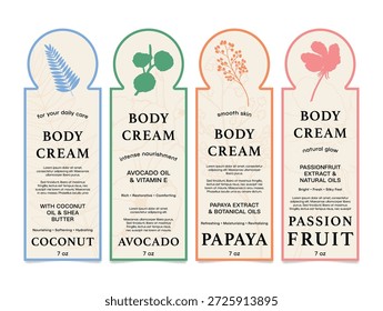 A set of label templates for various body creams listing their natural ingredients, including coconut, avocado, papaya, and passion fruit.