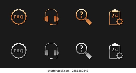 Set Label with text FAQ, Headphones, Unknown search and Checklist 24 hours service icon. Vector