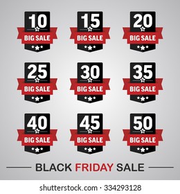 Conjunto de etiquetas 10-50% com texto grande venda para vendas de sexta-feira preta