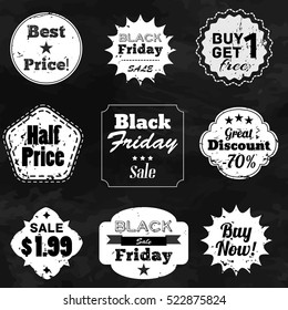 Set of labels with advertisement text about great discount and best price on black background flat vector illustration 