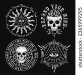 Set of labels with all seeing eye, skulls, labyrinth, text. Concept of intuition, secret knowledge, psychic abilities Monochrome mystical vintage illustrations for clothing, apparel, T-shirts design