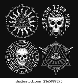 Set of labels with all seeing eye, skulls, labyrinth, text. Concept of intuition, secret knowledge, psychic abilities Monochrome mystical vintage illustrations for clothing, apparel, T-shirts design