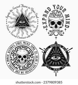 Set of labels with all seeing eye, skulls, labyrinth, text. Concept of intuition, secret knowledge, psychic abilities Monochrome mystical vintage illustrations for clothing, apparel, T-shirts design