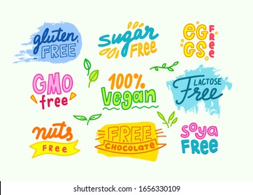 Set of Labels for Allergens, Products Free of Gmo, Chocolate, Gluten and Lactose, Nuts, Soya and Sugar. 100 Percent Vegan Food, Intolerance Allergic Symbols for Banners Design. Vector Illustration