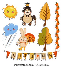 A set of labels allowed. Vector set of cartoon drawings, funny animals, autumn forest, bright and rainy weather.