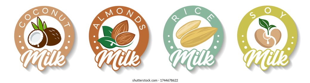 Set of labels with almond, soy, coconut, rice milk. Vector set of packaging design elements FOR NUTRITIONAL NUTRITION
