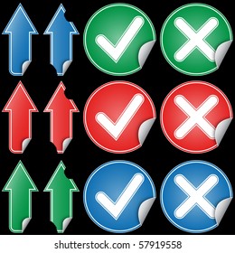 Set of labels arrows and confirmation buttons on black background. Some of arrows are ripped. Vector illustration. Easy editable colors.