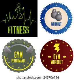 a set of labels and a background with text, stars and different fitness elements