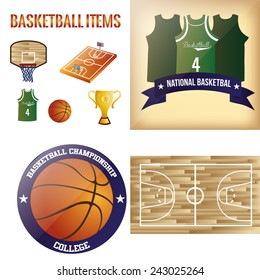 a set of labels and backgrounds with different basketball items