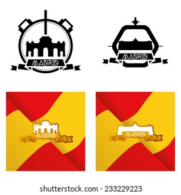 a set of labels and backgrounds with famous places in madrid