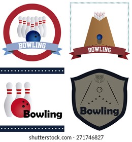 Set of labels and backgrounds with text and bowling elements. Vector illustration