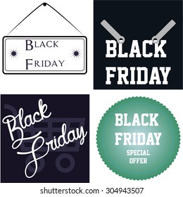 Set of labels and backgrounds with text and different elements for Black Friday. Vector illustration
