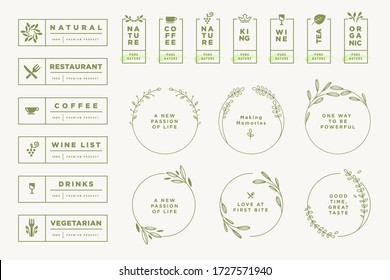 Set of labels and badges for food and drink. Vector illustrations for graphic and web design, marketing material, restaurant menu, natural products presentation, packaging design.