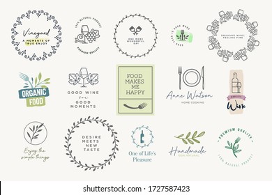 Set of labels and badges for food and drink. Vector illustrations for graphic and web design, marketing material, restaurant menu, natural and organic products presentation, packaging design.