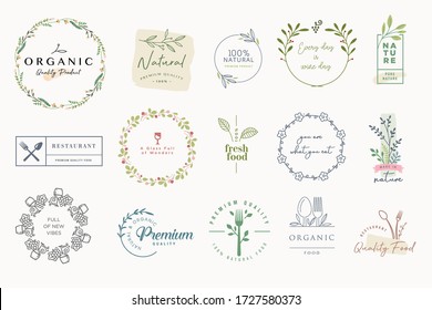 Set of labels and badges for organic and natural products. Vector illustrations for graphic and web design, marketing material, restaurant menu, food and drink,  packaging design.