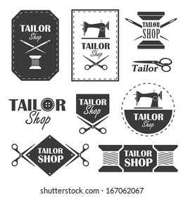 Set of labels, badges and signs for tailor shop in vector