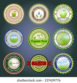 Set of labels, badges and stickers on organic and natural food