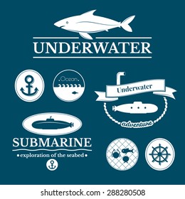 Set of labels and badges with underwater illustrations, lettering design on blue background