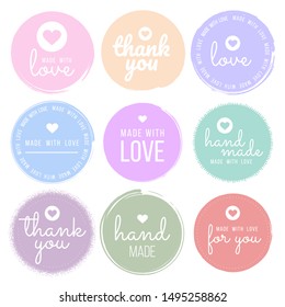 Set labels and bages for sellers including ''thank you'', ''handmade'', ''made with love'' and ''for you'' labels. Vector illustration.