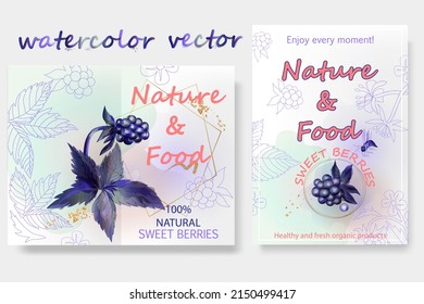 Set of labels and banners with fresh berry. Blueberries,raspberries and blackberries background for brand,logo,template,label,emblem,packaging,advertising.Isolated watercolor vector illustration.