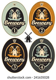 set of labels for beer and the brewery with a mill