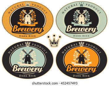 set of labels for beer and the brewery with a mill