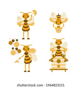 Set of labels with bees and design elements related to the extraction of honey. For banner, sticker, greeting card, honey advertisement .Vector illustration. Flat design..