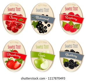 Set of labels of berries and fruit. Cherry, blackberry, raspberry, strawberry, apple, black currant. Vector.