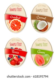 Conjunto de etiquetas de bayas y fruta. Guayaba, pomelo, coco, fresa, arándano, frambuesa. Vector.