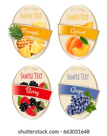 Set of labels of berries and fruit. Pineapple, apricot, grape, raspberry, blackberry. Vector.