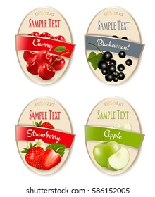 Set of labels of berries and fruit. Strawberry, blackcurrant, cherry, apple. Vector.