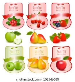 Set of labels with berries and fruit. Vector illustration.