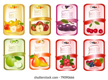 Set of labels with berries and fruit. Vector illustration.