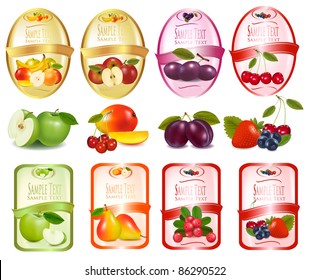 Set of labels with berries and fruit. Vector illustration.